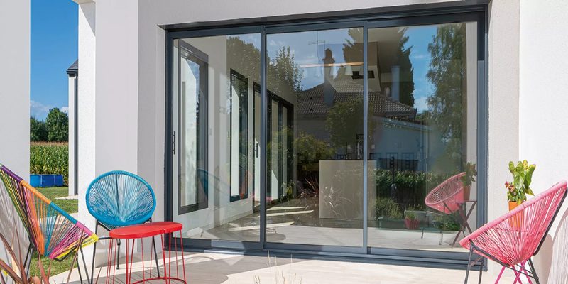 Baie vitrée aluminium K-LINE ouverte sur une terrasse